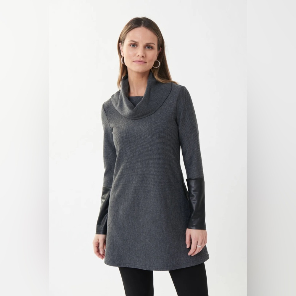 Joseph Ribkoff gray and‎ black sweater tunic top with shawl collar size 10
